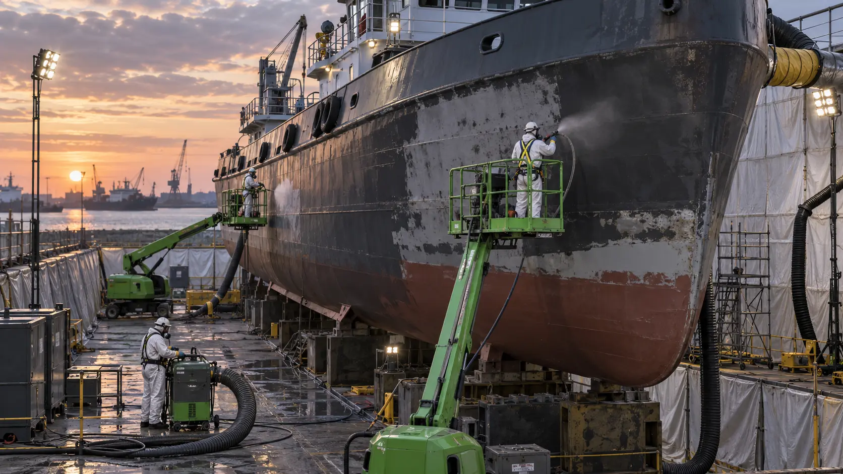 Industrial abrasive blasting at a Gulf Coast marine shipyard