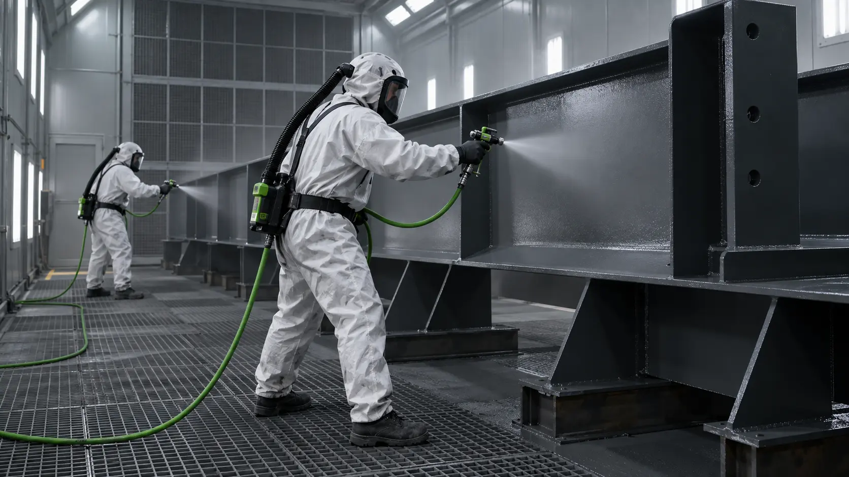 Technicians applying protective coating to fabricated structural steel in an enclosed paint booth