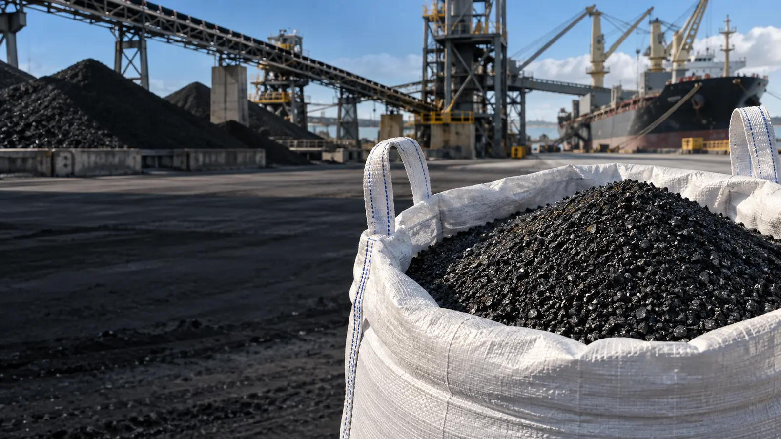 Black coal slag abrasive media in a bulk bag at an industrial supply yard