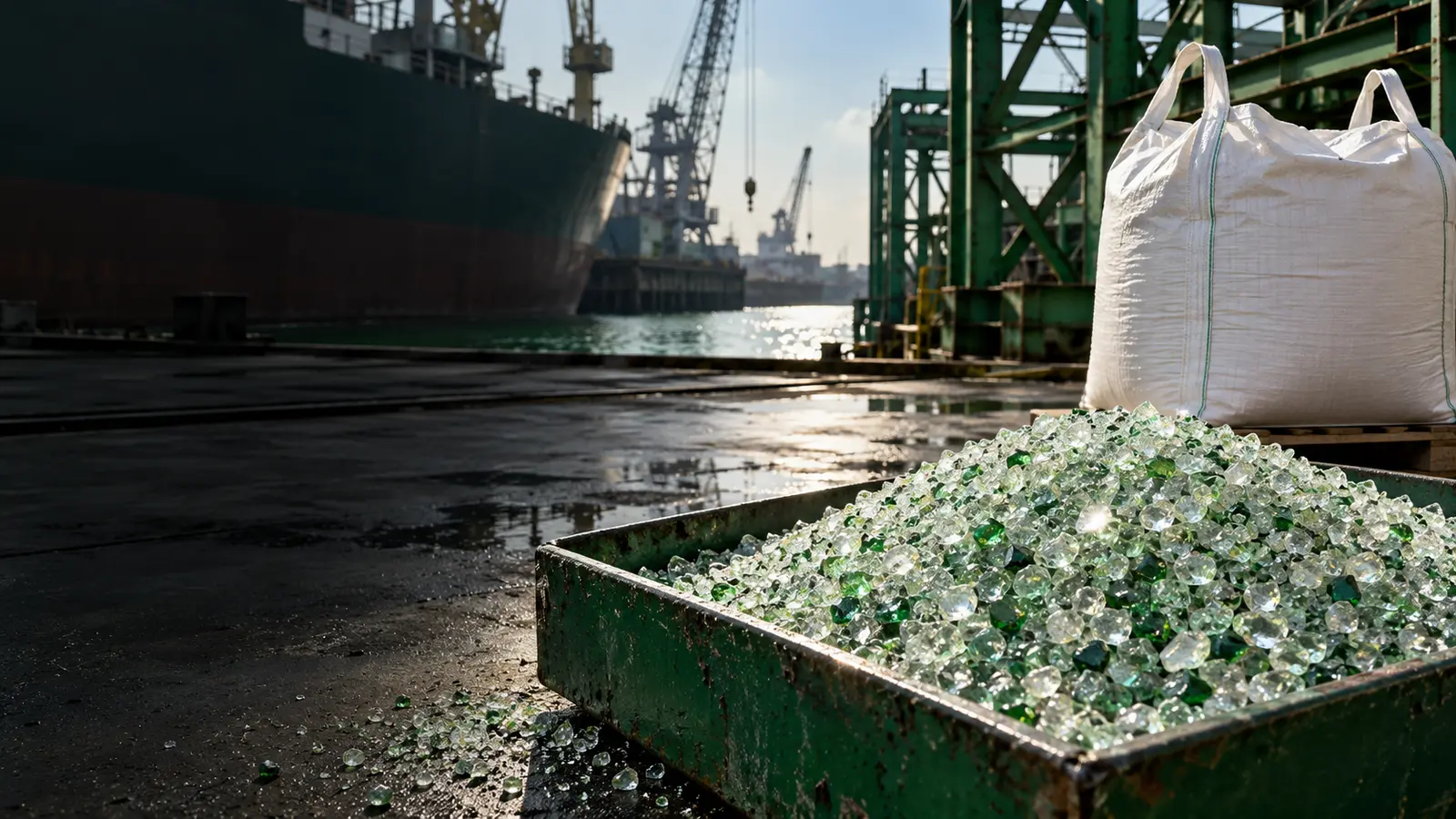 Crushed glass abrasive media in a bulk bag and sample tray at a shipyard