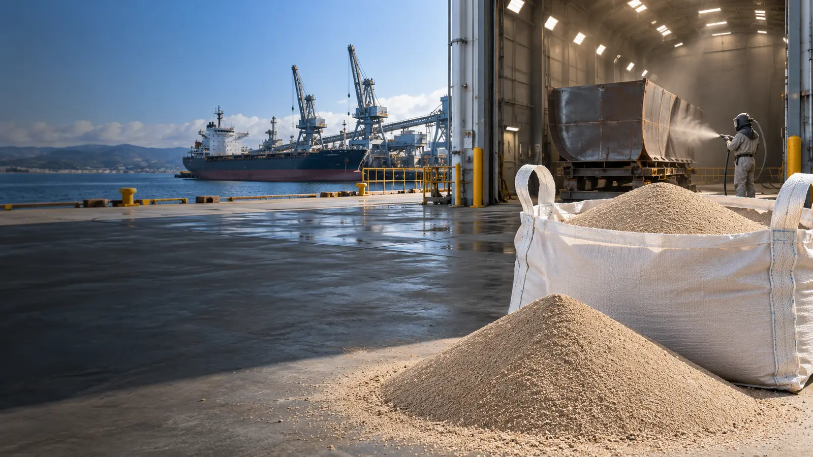 Abrasive sand media in a bulk bag for an industrial blasting delivery